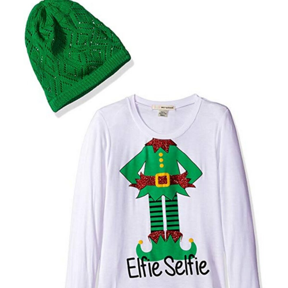 Self Esteem Little Girls' Long Sleeve Christmas T-Shirt with Beanie Hat